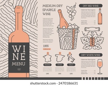 Diseño de la carta de vinos. Arte de línea de Ilustración vectorial moderna