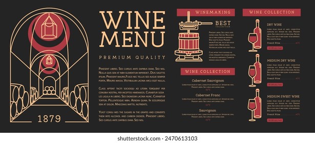 Restaurant wine menu design. Line art modern vector illustration