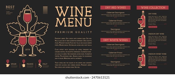 Restaurant wine menu design. Line art modern vector illustration