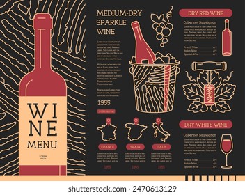 Restaurant wine menu design. Line art modern vector illustration