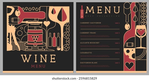 Restaurant wine menu design with line art wine bottles and glasses. Wine background. Vector illustration