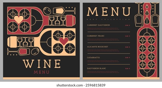 Restaurant wine menu design with line art wine bottles and glasses. Wine background. Vector illustration
