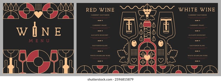 Restaurant wine menu design with line art wine bottles and glasses. Wine background. Vector illustration