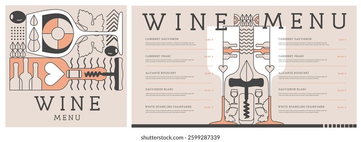 Restaurant wine menu design with line art wine bottles and glasses. Wine background. Vector illustration