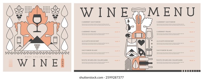 Restaurant wine menu design with line art wine bottles and glasses. Wine background. Vector illustration