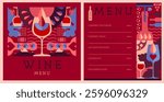 Restaurant wine menu design with mosaic wine bottles and glasses. Wine background. Vector illustration