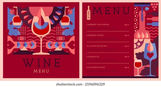 Restaurant wine menu design with mosaic wine bottles and glasses. Wine background. Vector illustration