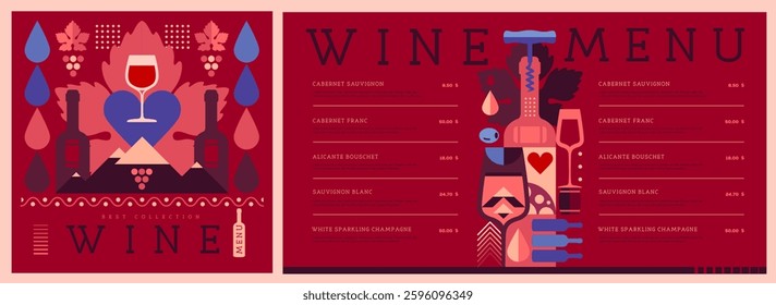 Restaurant wine menu design with mosaic wine bottles and glasses. Wine background. Vector illustration