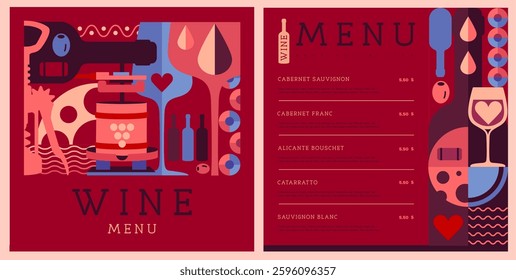 Restaurant wine menu design with mosaic wine bottles and glasses. Wine background. Vector illustration