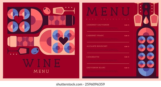 Restaurant wine menu design with mosaic wine bottles and glasses. Wine background. Vector illustration