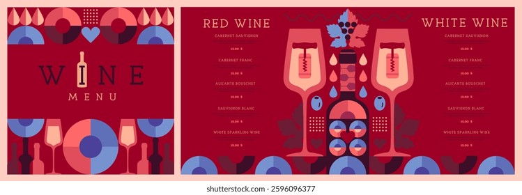 Restaurant wine menu design with mosaic wine bottles and glasses. Wine background. Vector illustration
