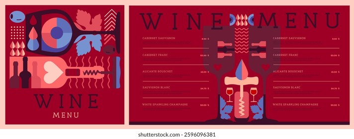 Restaurant wine menu design with mosaic wine bottles and glasses. Wine background. Vector illustration