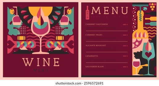 Restaurant wine menu design with mosaic wine bottles and glasses. Wine background. Vector illustration