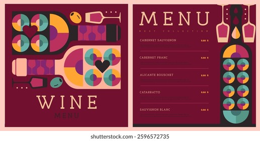 Restaurant wine menu design with mosaic wine bottles and glasses. Wine background. Vector illustration