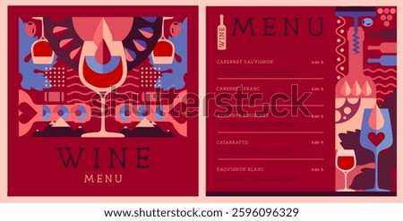 Restaurant wine menu design with mosaic wine bottles and glasses. Wine background. Vector illustration