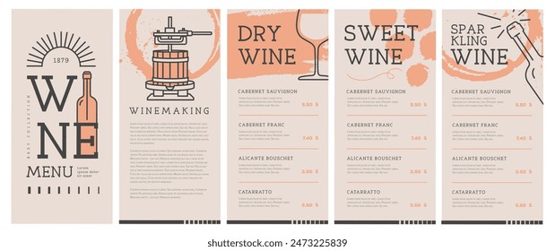 Restaurant wine menu design with wine press and wine stain. Line art modern vector illustration