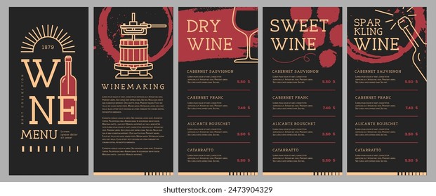 Restaurant wine menu design with wine press and wine stain. Line art modern vector illustration