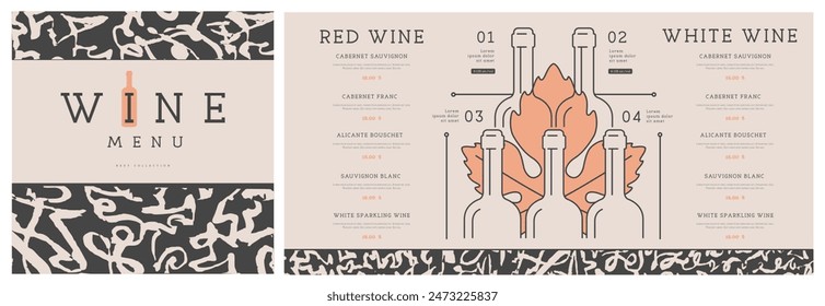 Restaurant wine menu design with pyramid of wine bottles. Line art modern vector illustration