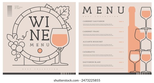 Restaurant wine menu design with pyramid of glasses. Line art modern vector illustration