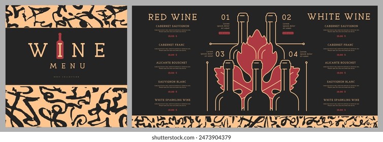 Diseño de la carta de vinos del restaurante con pirámide de botellas de vino. Arte de línea de Ilustración vectorial moderna