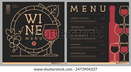 Restaurant wine menu design with pyramid of glasses. Line art modern vector illustration