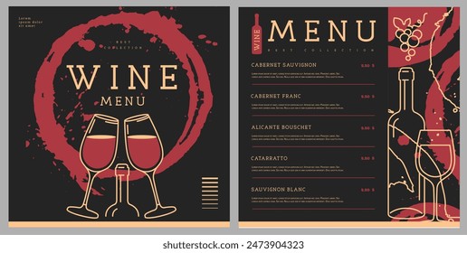 Restaurant wine menu design with splash and wine stain. Line art modern vector illustration