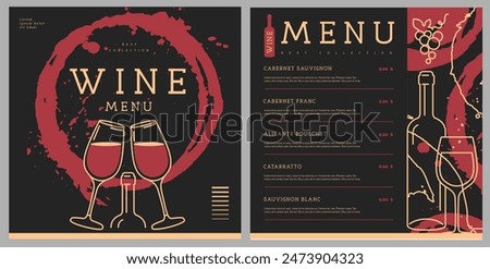 Restaurant wine menu design with splash and wine stain. Line art modern vector illustration