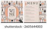 Restaurant wine menu design with various types of wine glasses and bottles. Line art modern vector illustration