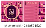 Restaurant wine menu design with various types of wine glasses and bottles. Wine background. Vector illustration