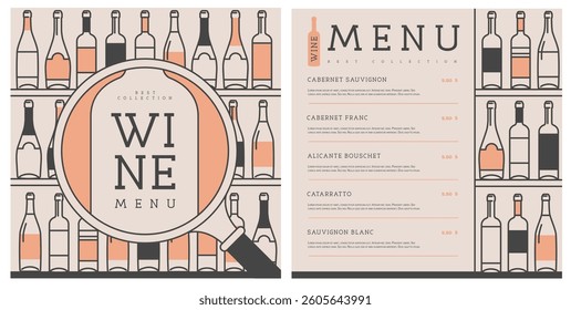 Restaurant wine menu design with various types of wine bottles. Line art modern vector illustration
