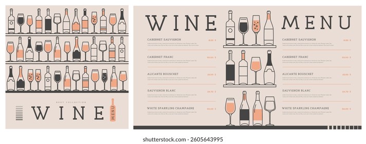 Restaurant wine menu design with various types of wine glasses and bottles. Line art modern vector illustration