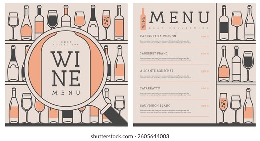 Restaurant wine menu design with various types of wine glasses and bottles. Line art modern vector illustration