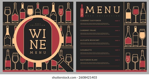 Restaurant wine menu design with various types of wine glasses and bottles. Line art modern vector illustration