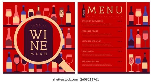 Restaurant wine menu design with various types of wine glasses and bottles. Wine background. Vector illustration