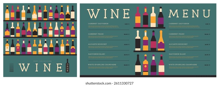 Restaurant wine menu design with various types of wine bottles. Wine background. Vector illustration