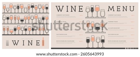 Restaurant wine menu design with various types of wine glasses. Line art modern vector illustration