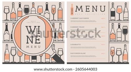 Restaurant wine menu design with various types of wine glasses and bottles. Line art modern vector illustration