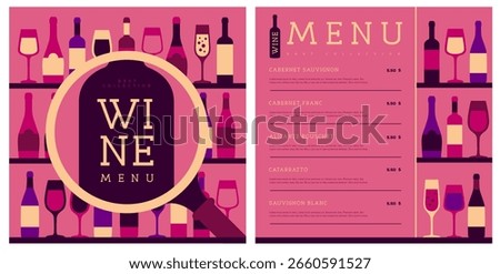 Restaurant wine menu design with various types of wine glasses and bottles. Wine background. Vector illustration