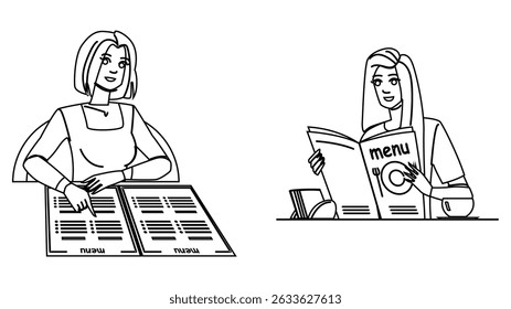 restaurant woman reading menu vector. dining choice, options cuisine, beverages appetizers restaurant woman reading menu character. people black line pencil drawing illustration