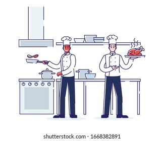 Restaurant Work Process, Service And Staff Concept. Restaurant Staff At Workplace. Commercial Kitchen with Characters Chefs Cooking Food For Customers. Cartoon Linear Outline Flat Vector Illustration