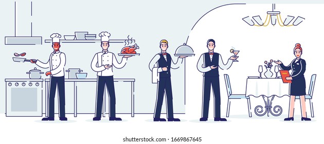 Proceso De Trabajo De Restaurantes, Servicio Y Concepto De Personal. La Gente Cocina Comida, Se Reúne Y Sirve A Los Clientes. Conjunto De Estilo Plano De Esquema Lineal De Dibujo. Ilustración vectorial