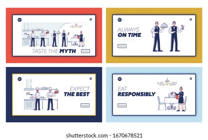 Restaurant Work Process, Service And Staff Concept. Website Landing Page. People Are Cooking Meal, Meet And Serving Customers. Linear Outline Flat Style. Vector Illustrations