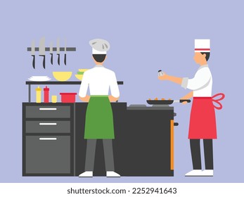 Restaurant worker and chefs are cooking in the restaurant kitchen maintaining cleanliness of restaurant with dress. Food preparing process in restaurant and standing chef with meal making pan in hand.