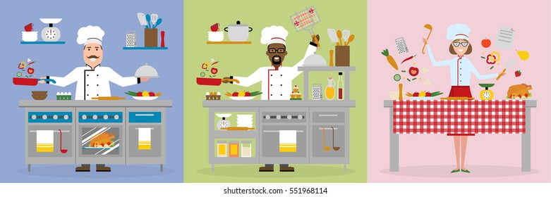 Restaurant worker preparing food. Chef uniform and hat. Table and cafe equipment.