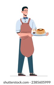Restaurant worker with tray concept. Waiter and serviceman with dish. Catering and cafe staff. Young guy with pancakes in syrup. Cartoon flat vector illustration isolated on white background