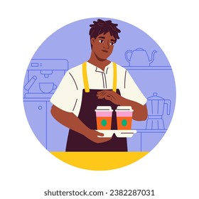 Restaurant worker at workplace. Man with cups of coffee at tray. Cafe or catering menu. Young guy with hot drinks. Cartoon flat vector illustration isolated on white background