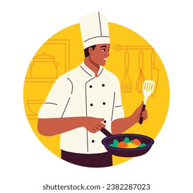 Restaurant worker at workplace. Man with salad of fring pan. Cafe or catering menu. Girl with dish of vegetables. Template and layout. Cartoon flat vector illustration isolated on white background