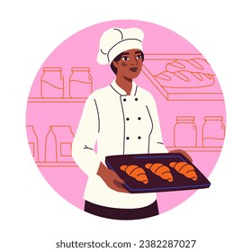 Trabajador de restaurantes en el lugar de trabajo. Mujer con croissants en la bandeja. Cafetería o menú de restauración. Jovencita con pastelería y panadería. Dibujo vectorial plano de dibujos animados aislado en fondo blanco