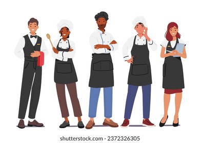 Restaurant Workers, Administrator, Chef and Waiter Stand In A Row, Ready To Serve. Hospitality Staff Characters Provide Excellent Dining Experiences For Customers. Cartoon People Vector Illustration