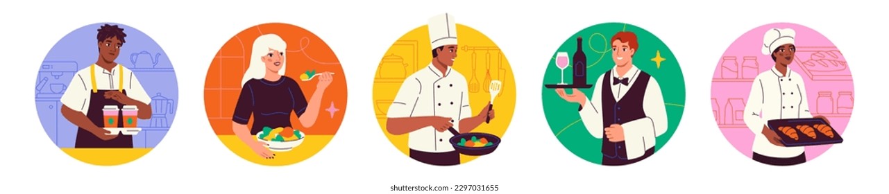 Iconos de los trabajadores del restaurante. Coloridos stickers de chef, auditor, panadero, camarero y barista. Personajes multirraciales cocinando hombres y mujeres. Colección vectorial plana de dibujos animados aislada en fondo blanco